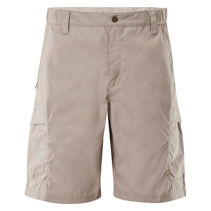 Product shot of beige cargo shorts featuring a button fly and zippered pockets, showcasing a lightweight and durable fabric