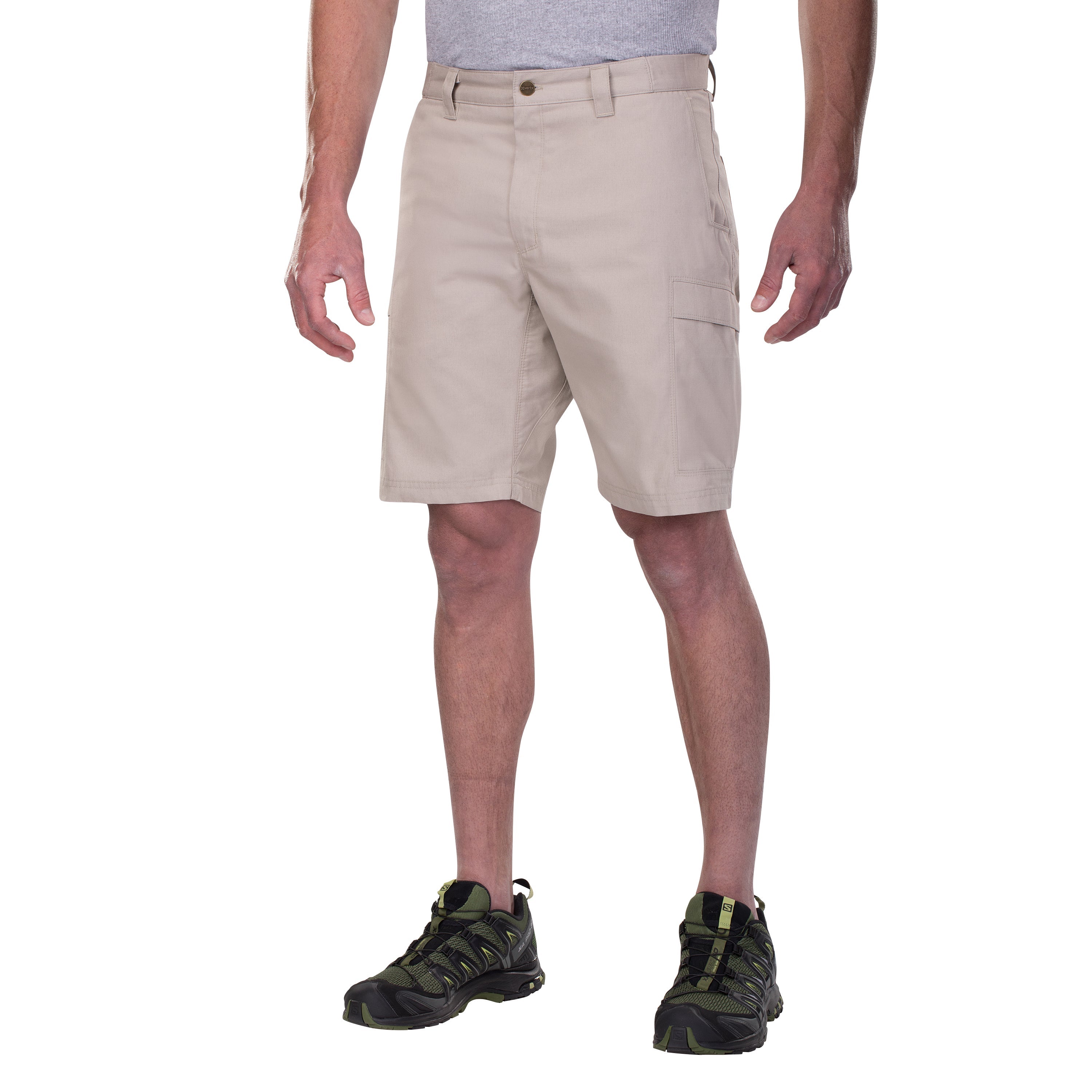 Product shot showing a man modeling khaki cargo shorts and olive green Salomon X Ultra 3 hiking shoes with visible stitching and a brass button