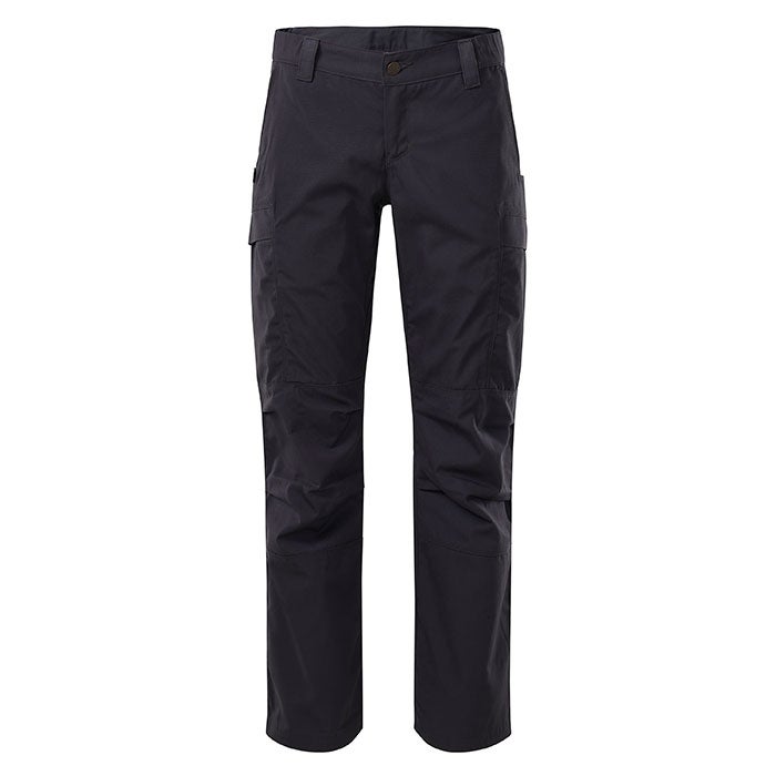 Product shot of dark navy blue tactical pants featuring multiple pockets and reinforced knees against a white background