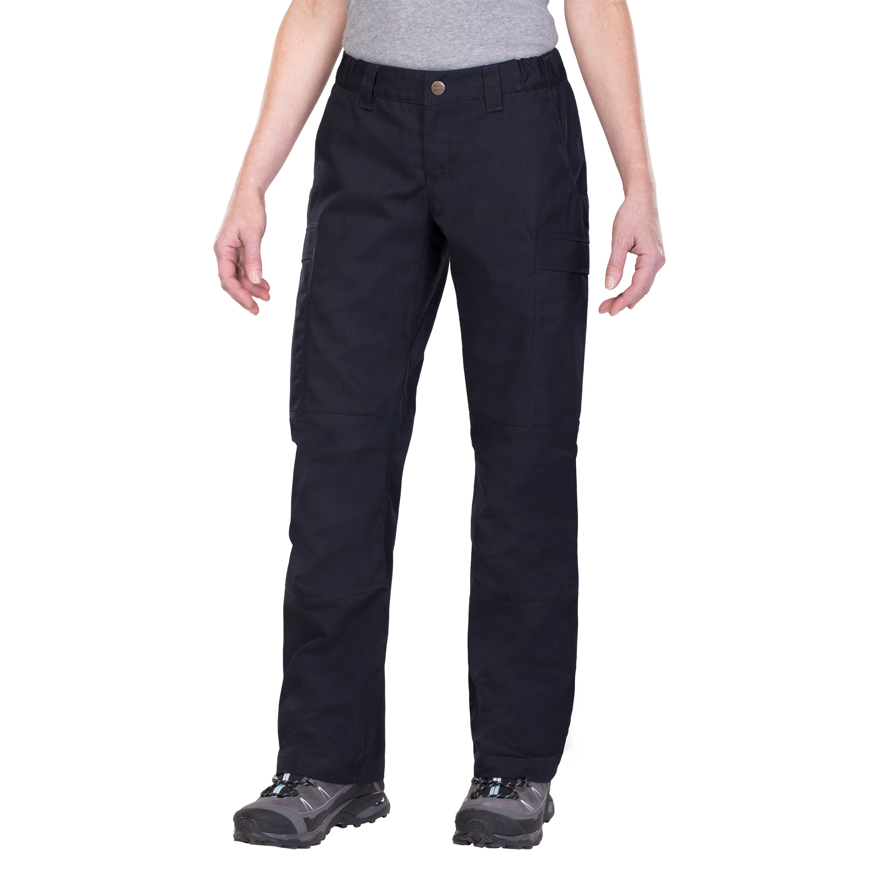 Product shot showing a woman wearing dark navy blue cargo pants with reinforced knees and a brass button detail against a white background