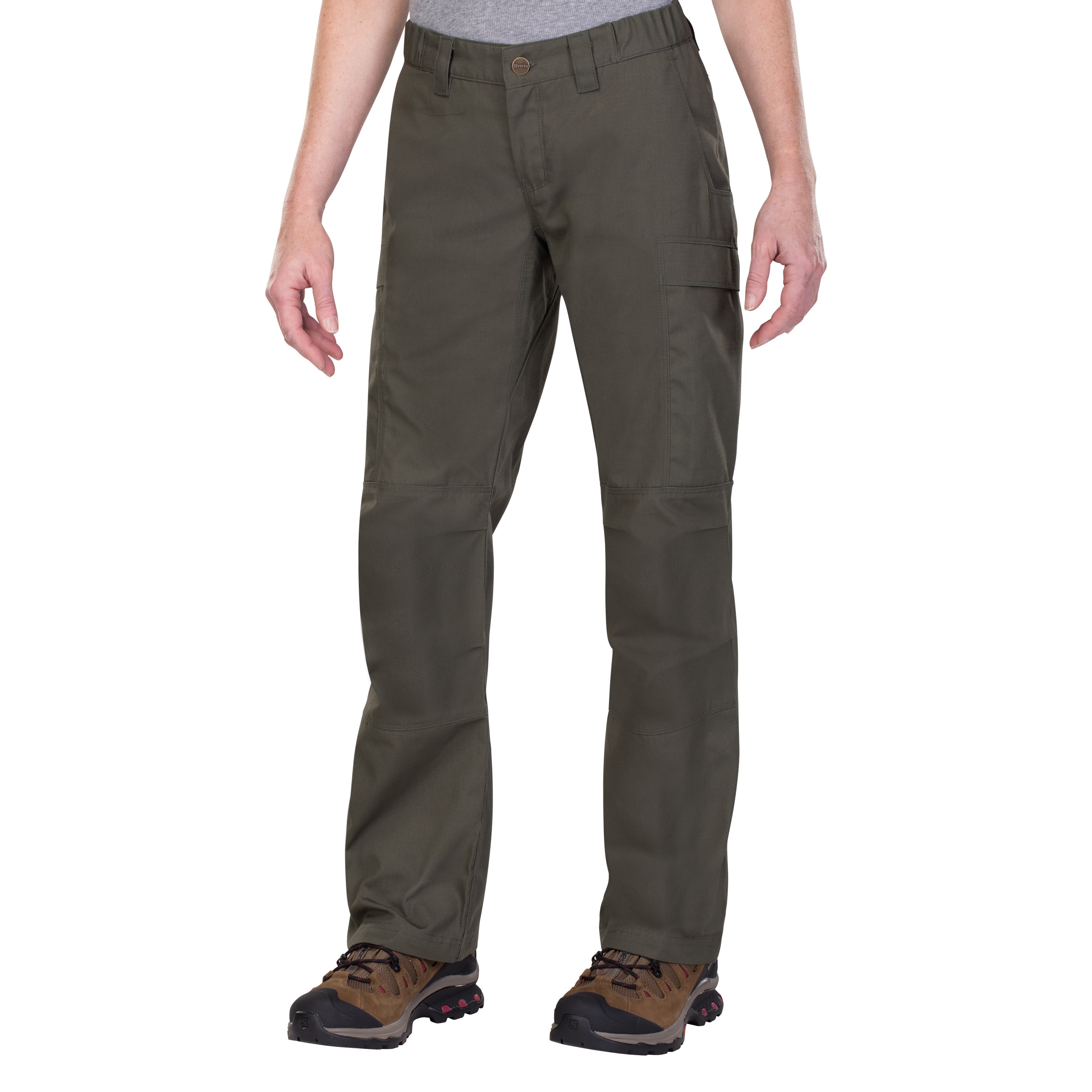 Product shot of women's olive green tactical pants featuring reinforced knees, a button closure, and side cargo pockets worn with brown hiking boots on a white background
