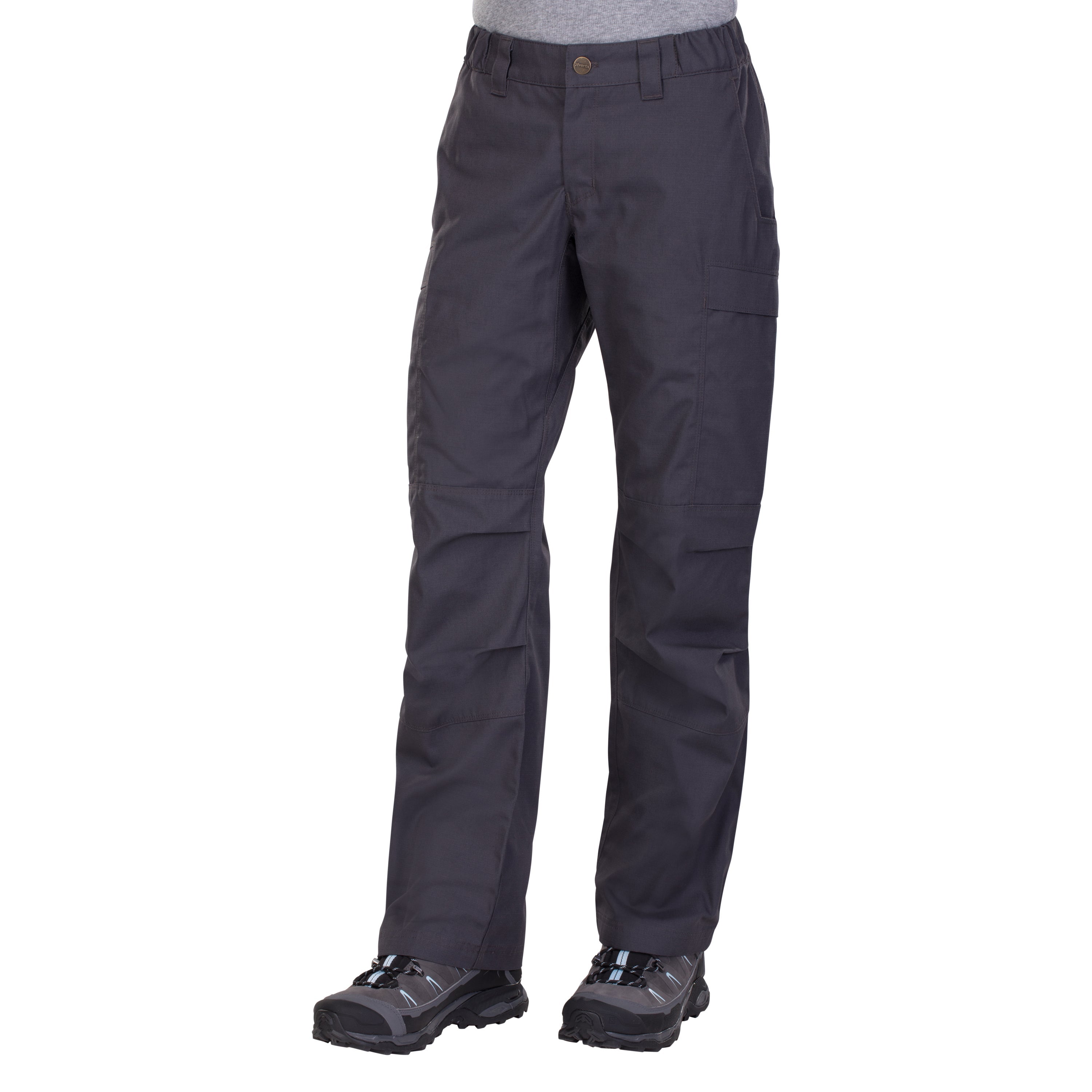 Product shot showing dark gray cargo pants and hiking boots with light blue accents and a brown button detail against a white background