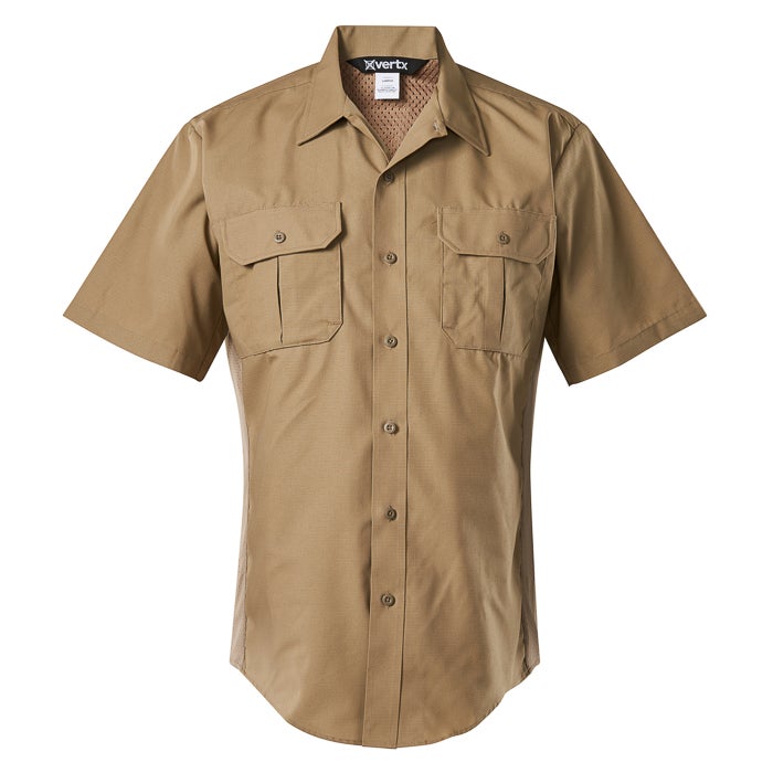 Product shot of a tan XVertix short-sleeve work shirt featuring button front closure two chest pockets and a breathable mesh back panel