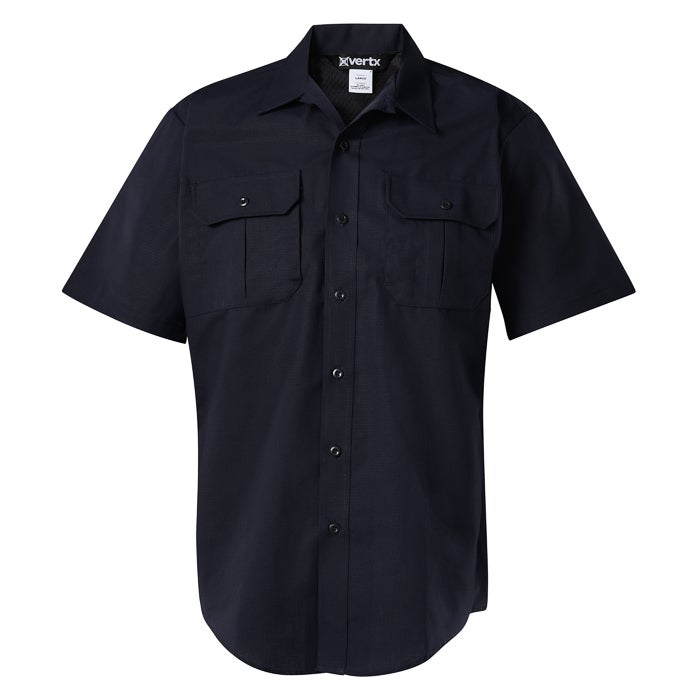 Product shot of a navy blue Xvertx short sleeve shirt featuring two chest pockets and black buttons against a white background