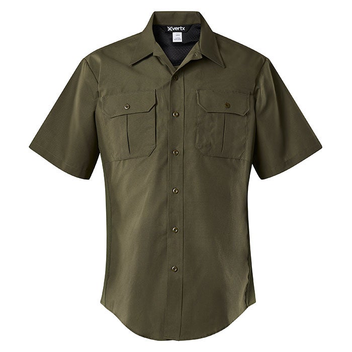 Product shot of a Vertx short-sleeved olive green tactical shirt featuring button closures two utility pockets and a breathable mesh back panel