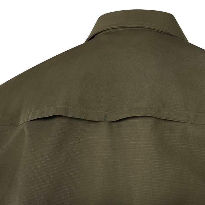 Close-up of an olive-green shirt back showing subtle texture, yoke detail, and a unique inverted pleat design