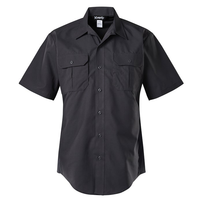 Product shot of a dark gray X-Vert short-sleeve button-down shirt featuring two chest pockets and subtle texture a straight hemline and a branded label
