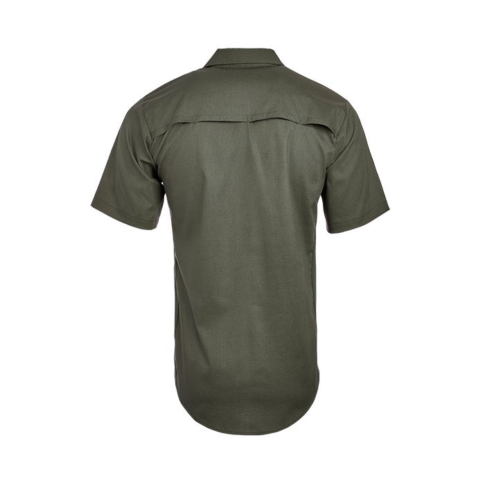 Product shot of a dark olive green short-sleeved work shirt featuring a button-down collar and curved hemline showing a back view against a white background