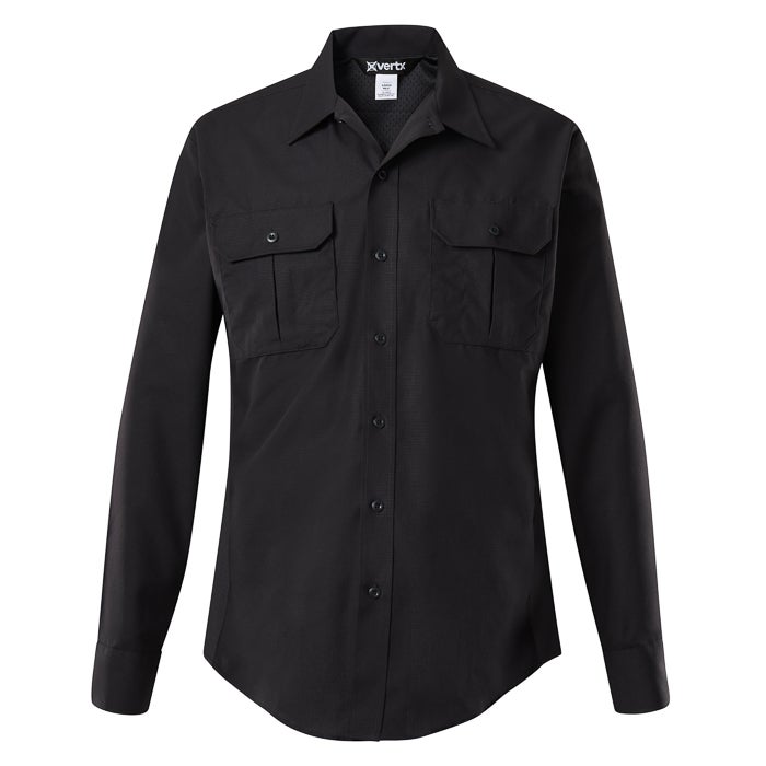 Product shot of a black XVertix long-sleeve button-down shirt featuring two chest pockets and a breathable mesh collar showing subtle texture and a solid dark color