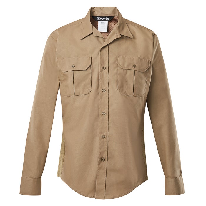 Product shot of a khaki XVertx long sleeve shirt featuring two chest pockets a button down front and breathable mesh side panels