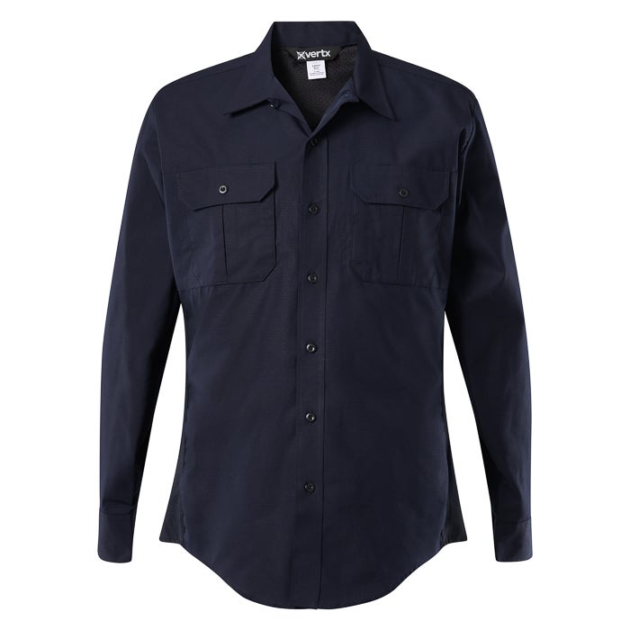 Product shot of a navy blue Xvertx long-sleeve shirt featuring two chest pockets and black buttons showing a comfortable and durable workwear garment
