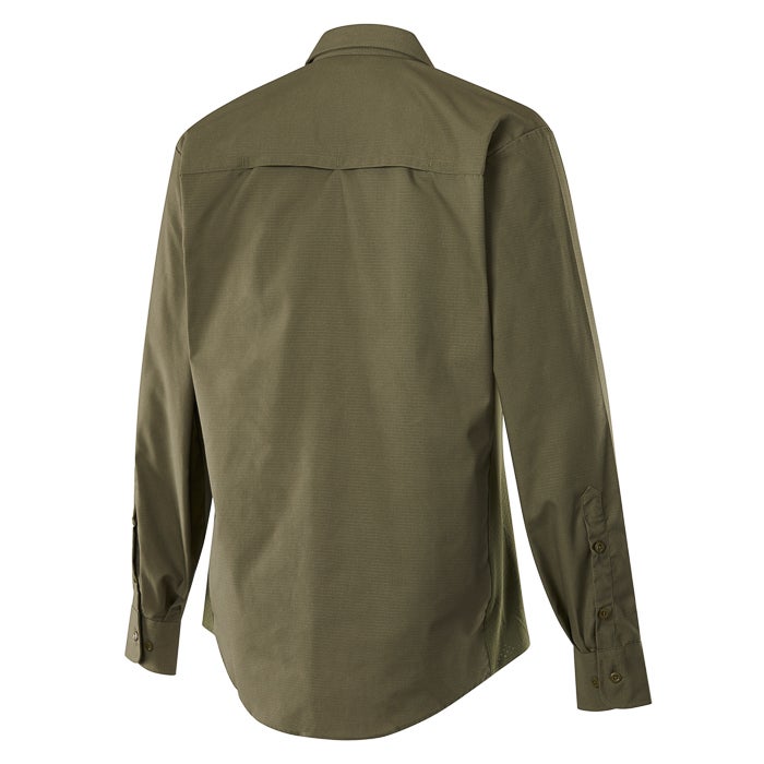 Product shot of an olive green long sleeve button down shirt showing subtle texture and button detailing on cuffs and placket