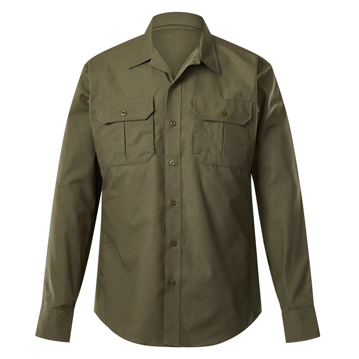 Product shot of a long-sleeved olive green shirt with button-down front and two flap pockets showing subtle texture and a hint of sheen against a white background