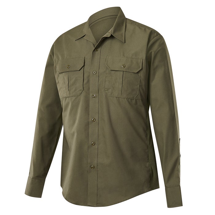 Product shot of a long-sleeved olive green work shirt featuring two large chest pockets and subtle textured fabric with button cuffs