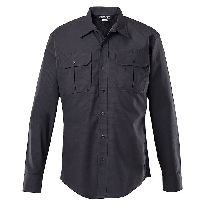 Product shot of a dark gray XVertix long-sleeve button-down shirt featuring two chest pockets and a breathable mesh collar showing subtle texture and reinforced stitching
