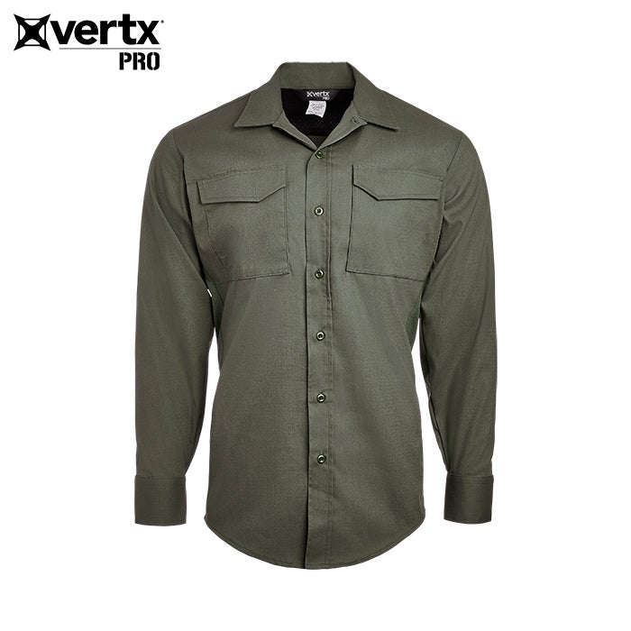 Product shot of a Vertx Pro long-sleeve olive green shirt featuring button closures two chest pockets and a soft collar