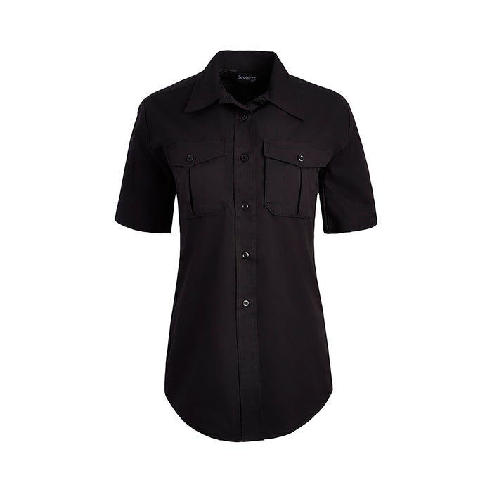 Product shot of a black X-Vert women's short sleeve uniform shirt featuring two chest pockets and a curved hem