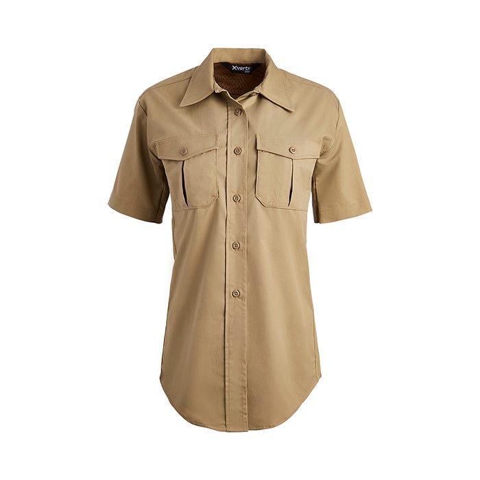 Product shot of a tan Xerta women's short sleeve shirt featuring button closures, two chest pockets, and a slightly curved hemline