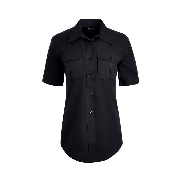 Product shot of a black Xpert women's short sleeve shirt featuring two flap pockets and a curved hemline showcasing its durable fabric and button closures