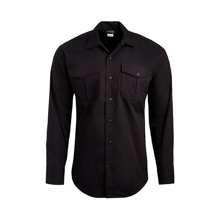 Product shot of a black X-Vertx long-sleeve button-down shirt featuring two chest pockets and black buttons against a white background