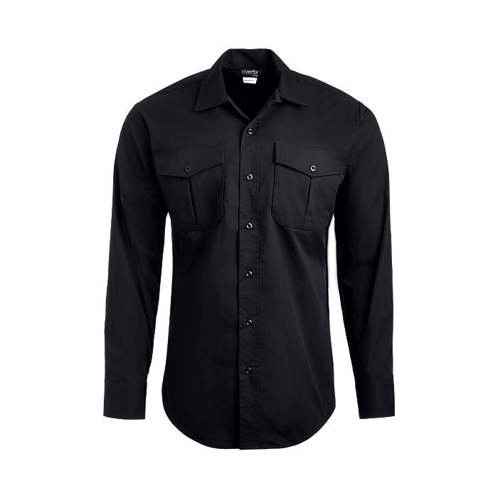 Product shot of a black XVERTEX long-sleeve button-down shirt featuring two chest pockets and dark buttons against a white background