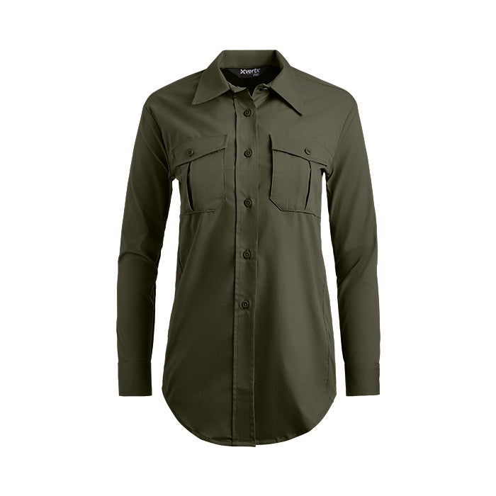 Product shot of a women's olive green Xpert long sleeve shirt featuring a collared button-down front and two chest pockets with button closures, showing a curved hemline and subtle texture