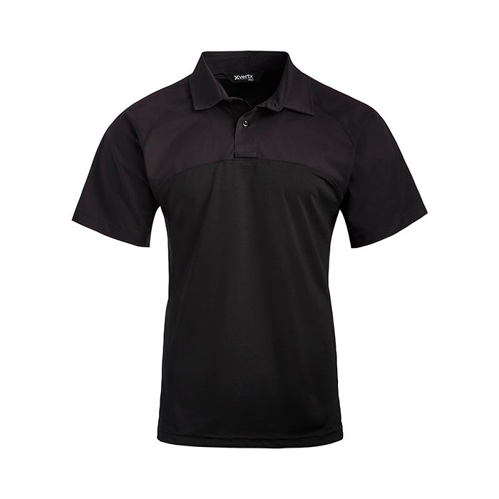 Product shot of a black X-Vertx short sleeve polo shirt featuring a two-tone design and a three-button placket