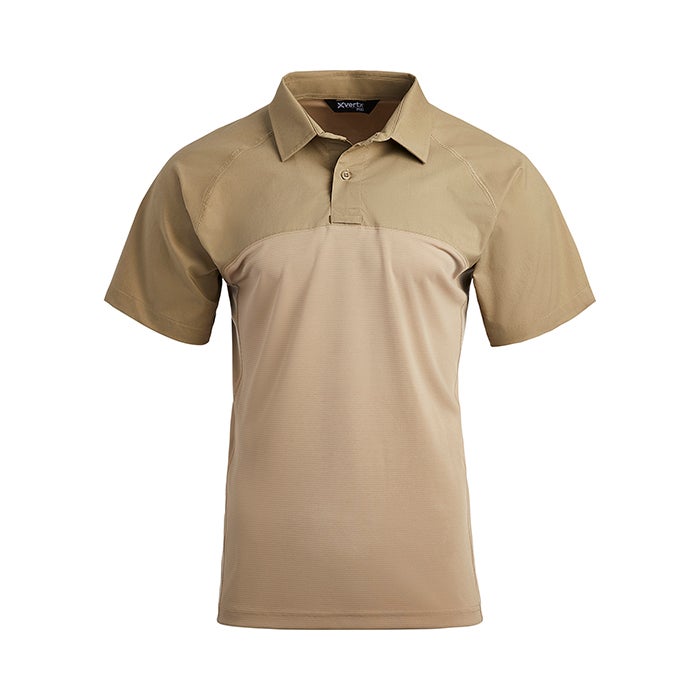 Product shot of a tan XVert Pro polo shirt featuring a two-tone design with contrasting textures and a button-down collar showcasing a subtle brand label.