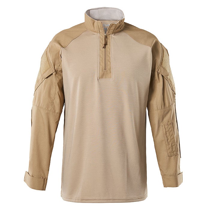 Product image of a tan long-sleeved shirt with reinforced shoulder and forearm patches a half-zip closure and subtle texture showing fine detail