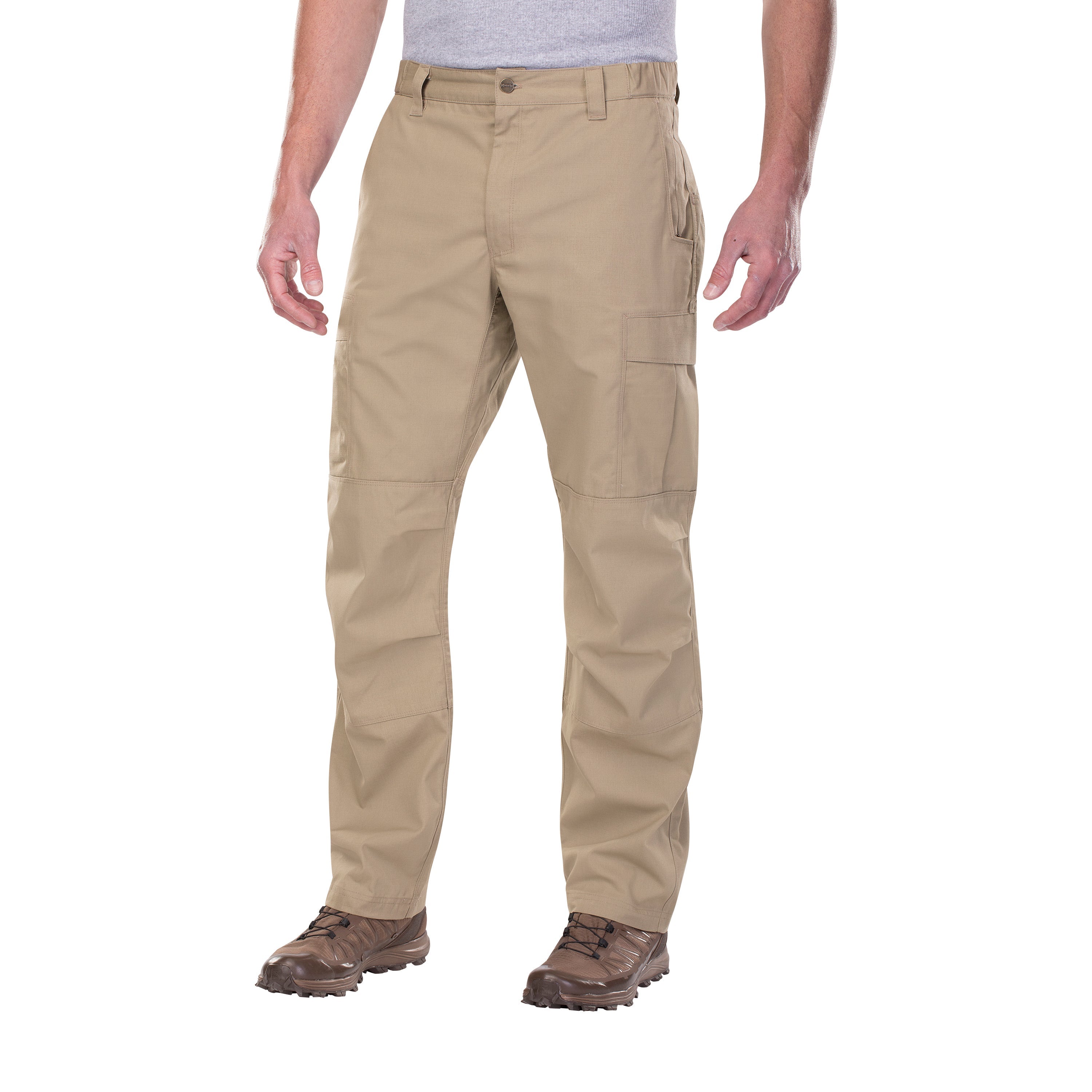 Product shot showing beige tactical pants with cargo pockets and brown hiking boots on a white background