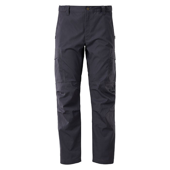 Product shot of dark gray tactical pants featuring reinforced knees cargo pockets and a buttoned waistband