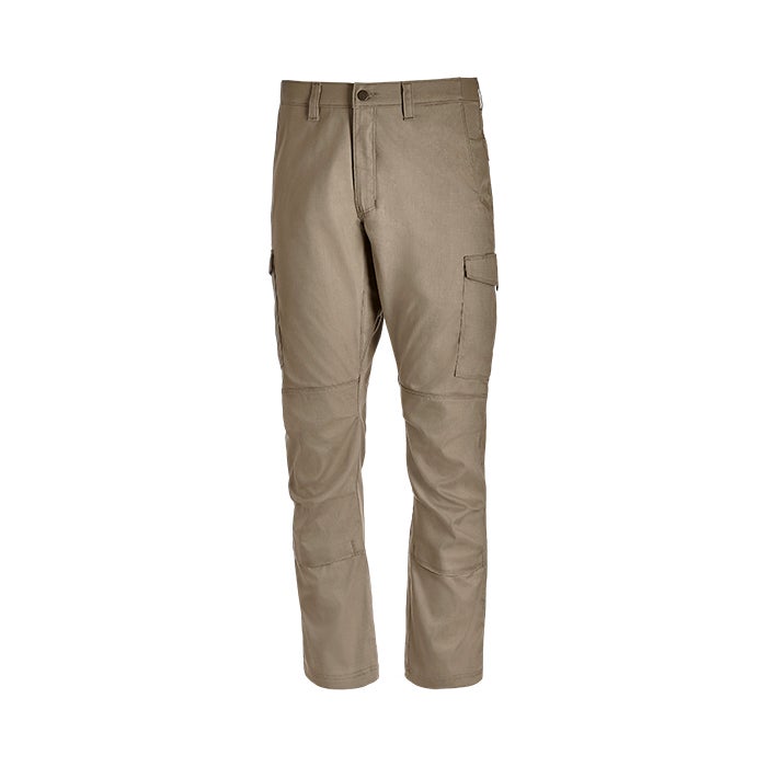 Product shot of beige cargo pants featuring reinforced knees and multiple pockets against a white background