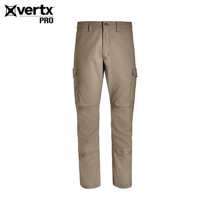 Product shot of Vertx Pro tactical pants featuring a khaki color two cargo pockets and reinforced knees