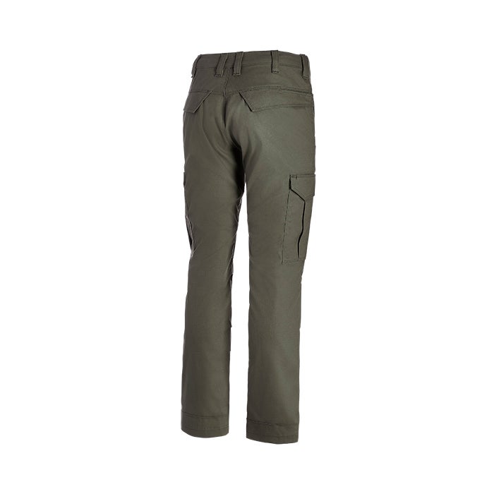 Product shot of olive green cargo pants showing back view with two pockets and reinforced hems