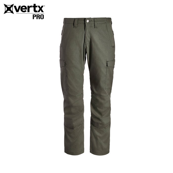 Product shot of Vertx Pro olive green tactical pants featuring reinforced knees and multiple cargo pockets showcasing a durable and functional design