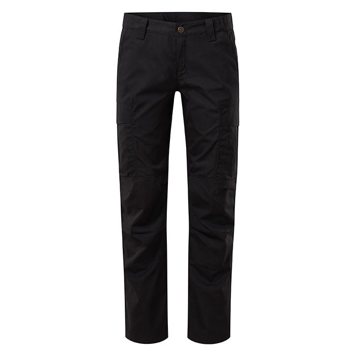Product shot of black tactical pants featuring multiple pockets and a reinforced knee area.