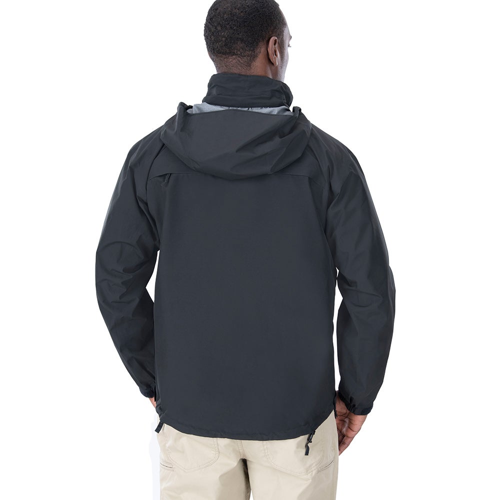 Studio product shot of a black hooded rain jacket with drawstring waist and cuffs featuring a dark grey interior hood lining and a subtle sheen