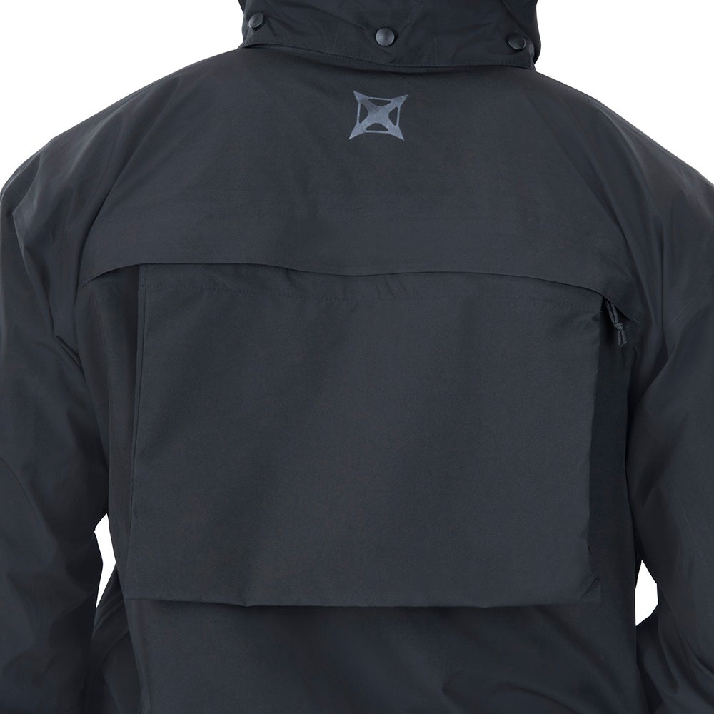 Product shot showing the back of a black waterproof jacket featuring a large flap pocket, a zippered pocket, and a subtle logo design