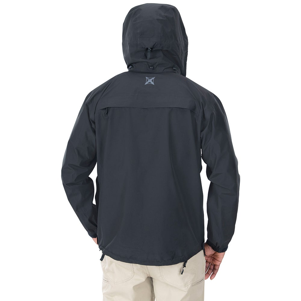 Product shot showing the back of a black waterproof jacket with cinchable hood and a gray logo featuring adjustable cuffs and drawstring hem