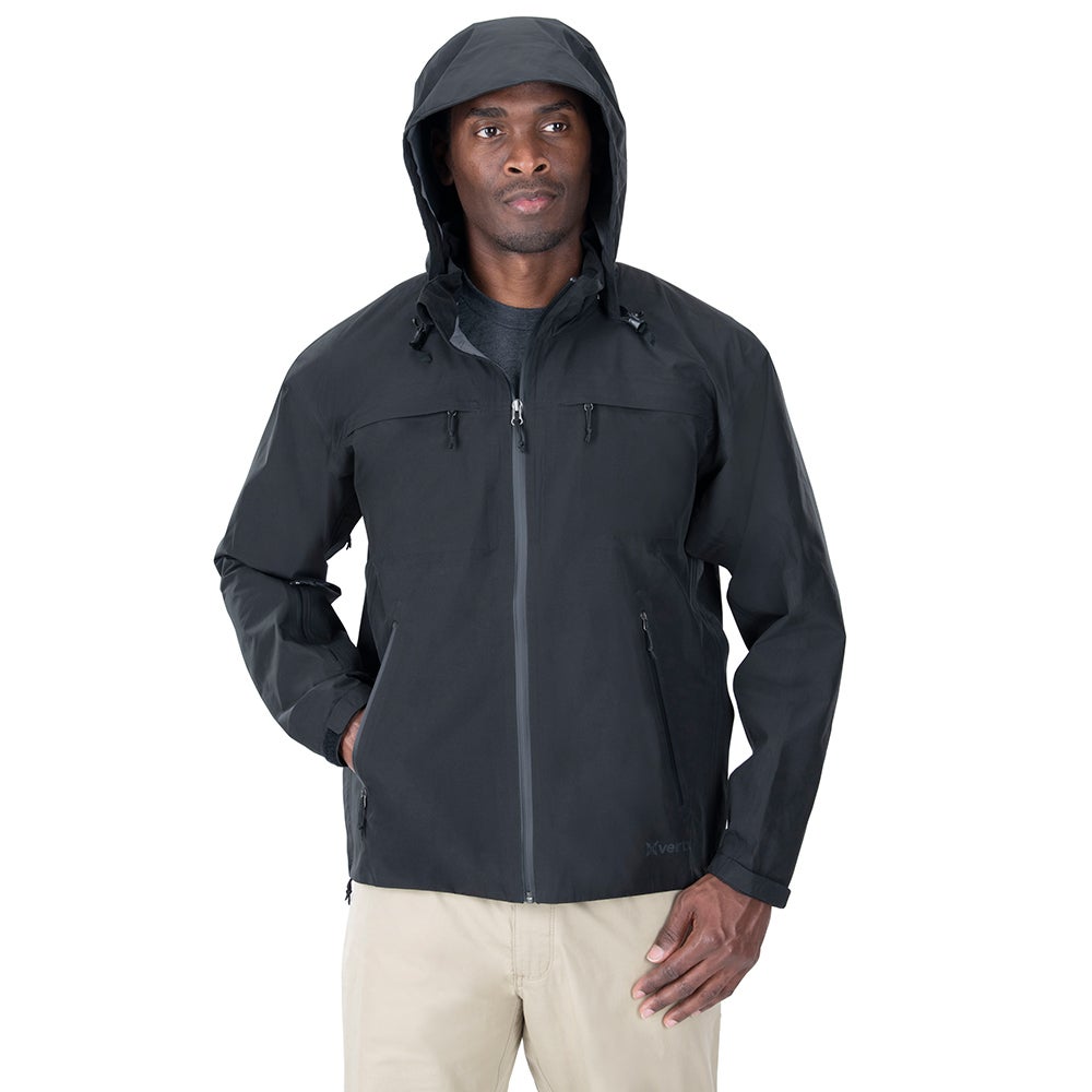 Product shot of a man wearing a black Xterra waterproof jacket with a dark gray zipper and drawstring hood against a white background