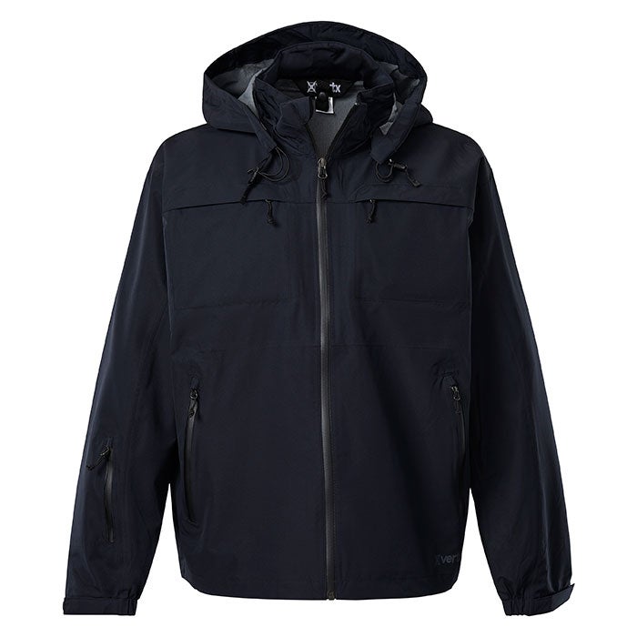 Product shot of a navy blue waterproof jacket featuring a double hood, zippered pockets, and adjustable cuffs