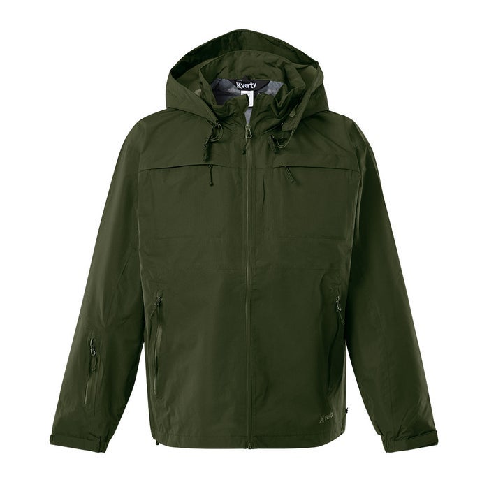Kverty mens olive green waterproof jacket with zippered pockets and adjustable hood featuring a gray fleece lining and branded logo