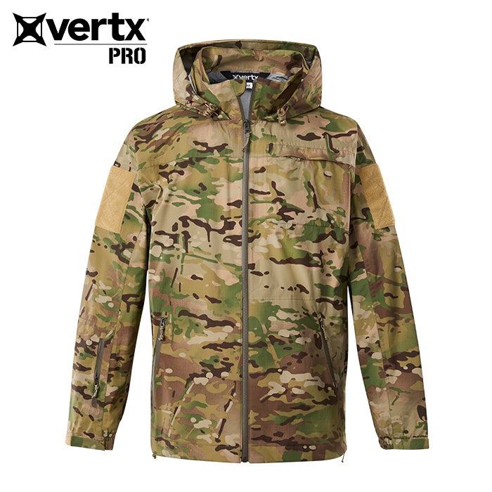 Vertx Pro camouflage jacket featuring a tan suede elbow patch, zippered pockets, and a drawstring hood in a multi-cam pattern against a white background