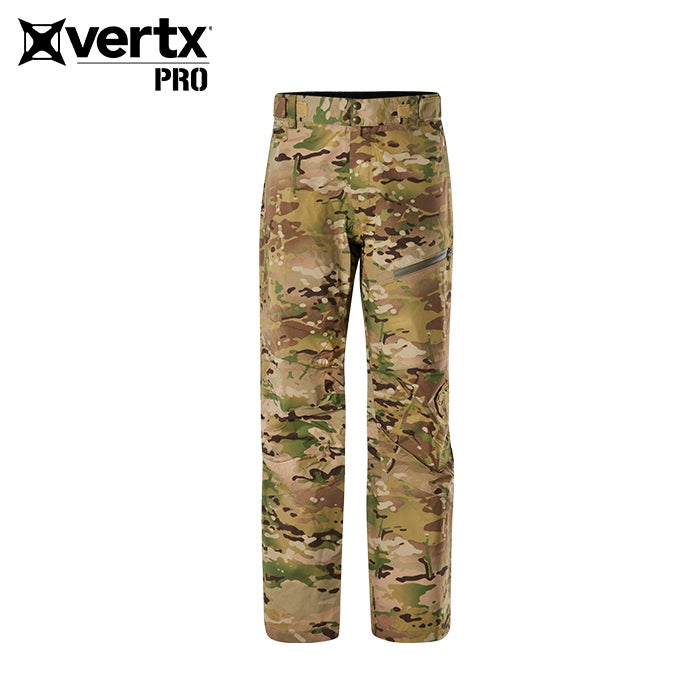 Product shot of Vertx Pro camouflage pants featuring a robust waistband, reinforced knees, and multiple zippered pockets in shades of green brown and tan