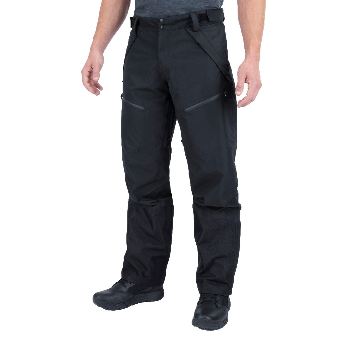 Product shot showing black men's ski pants with reinforced knees and zipped pockets against a white background