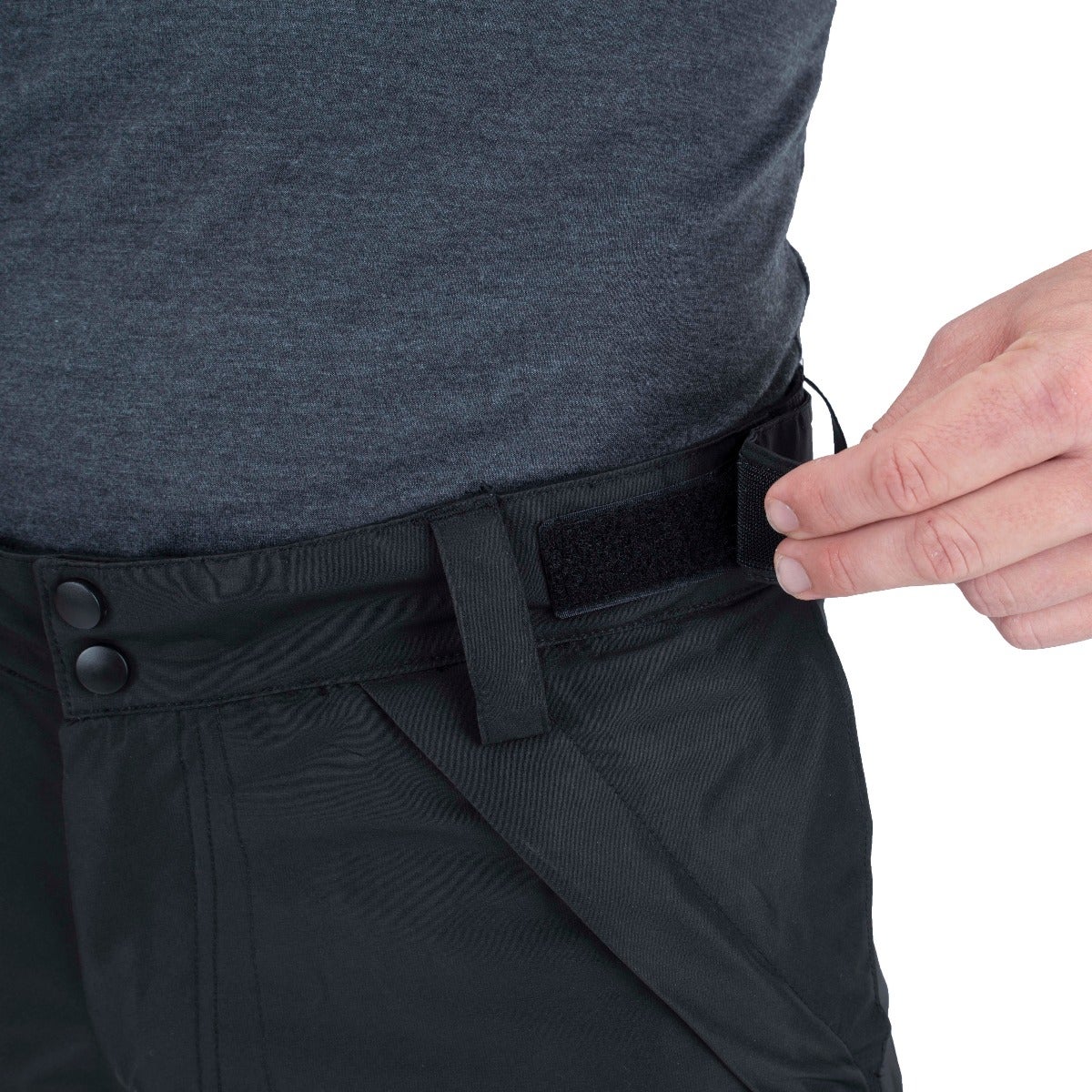 Product shot showing black pants with hook and loop waistband adjustment and dark gray shirt detail