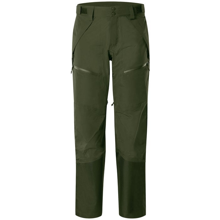 Product shot of Arc'teryx Beta AR pants in a dark olive green featuring a three-button waist, zippered thigh pockets, and reinforced lower legs