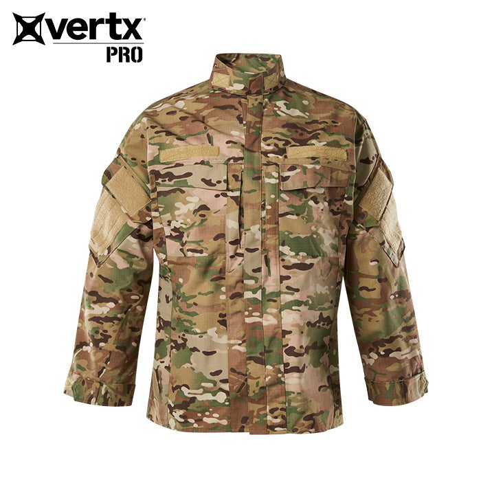 Product shot of a Vertx Pro OCP camouflage long-sleeve shirt featuring tan, green, and brown tones with subdued elbow patches and button front closure