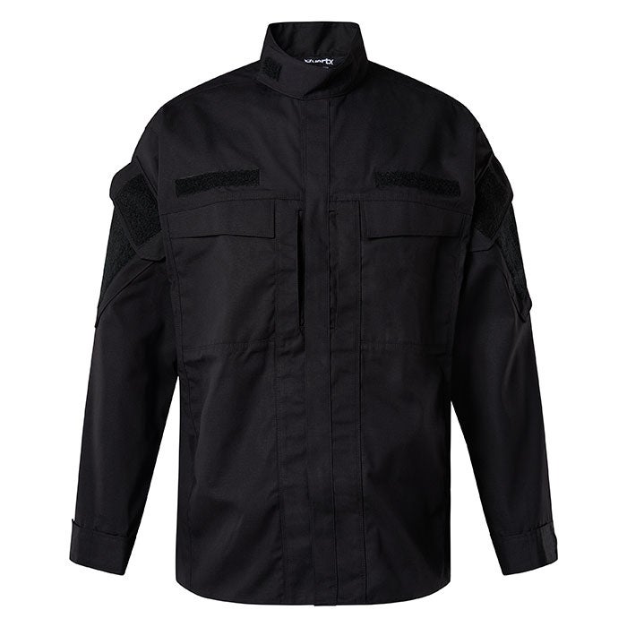 Product shot of a black tactical shirt featuring Velcro patches and a stand-up collar showcasing its durable fabric and functional design