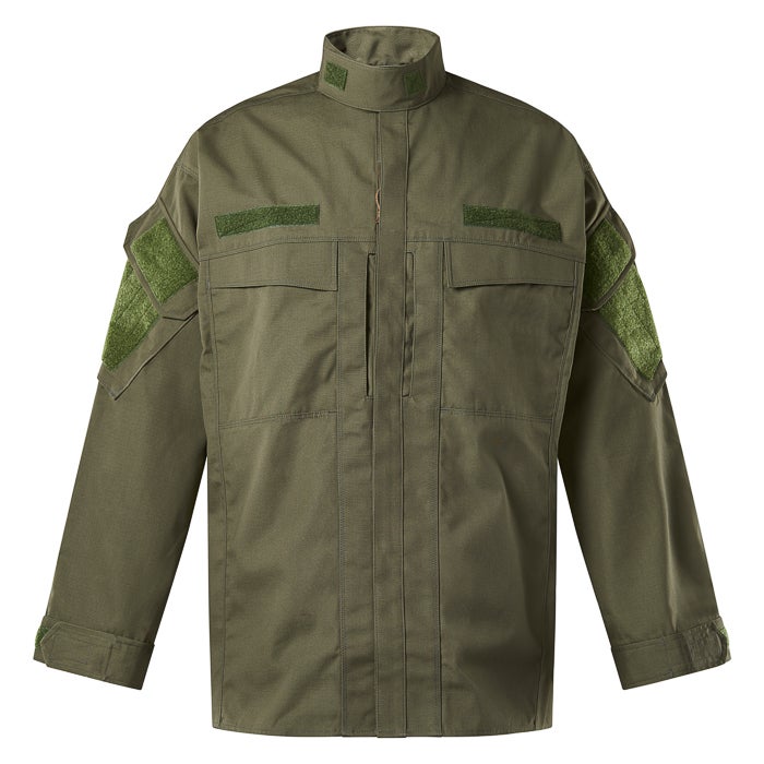 Product shot of a military-style olive green combat shirt featuring velcro patches and buttoned chest pockets with contrast stitching